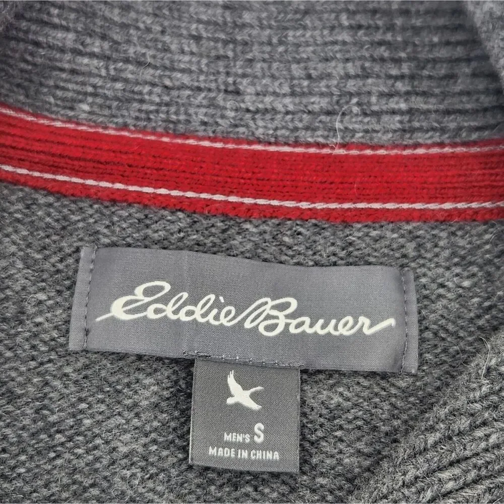 Eddie Bauer Sweater Size Small Mens Gray & Red Wool Blend Shawl Collar Fair Isle